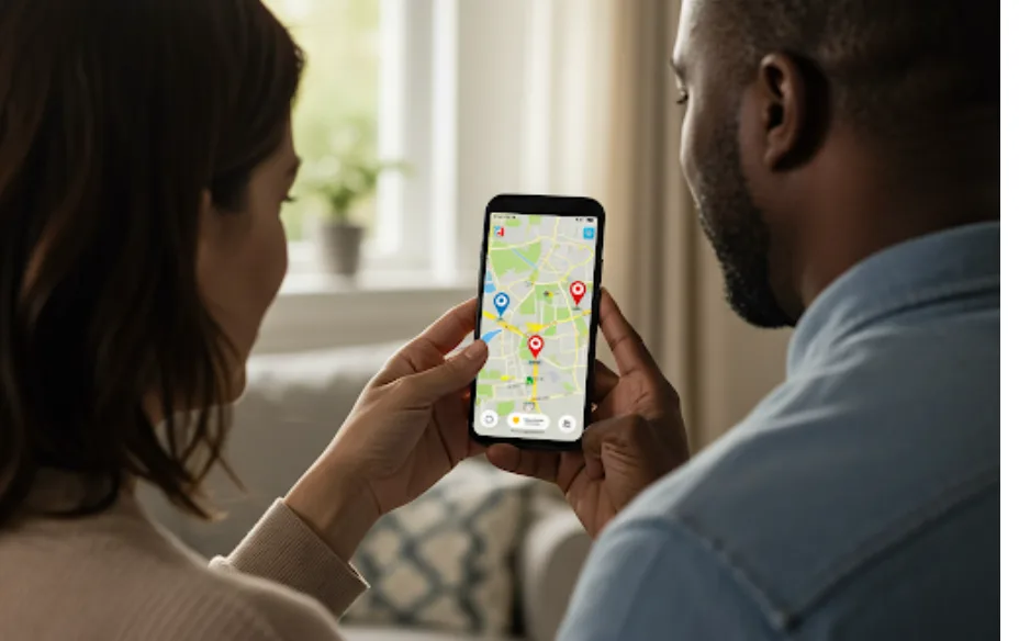 Forældrepar holder styr på børnene via GPS-position (Grafik: MereMobil.dk / AI)