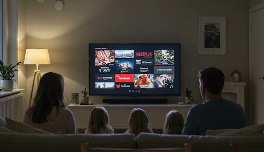 Familie sidder og skal til og streame noget indhold (Grafik: MereMobil.dk / AI)