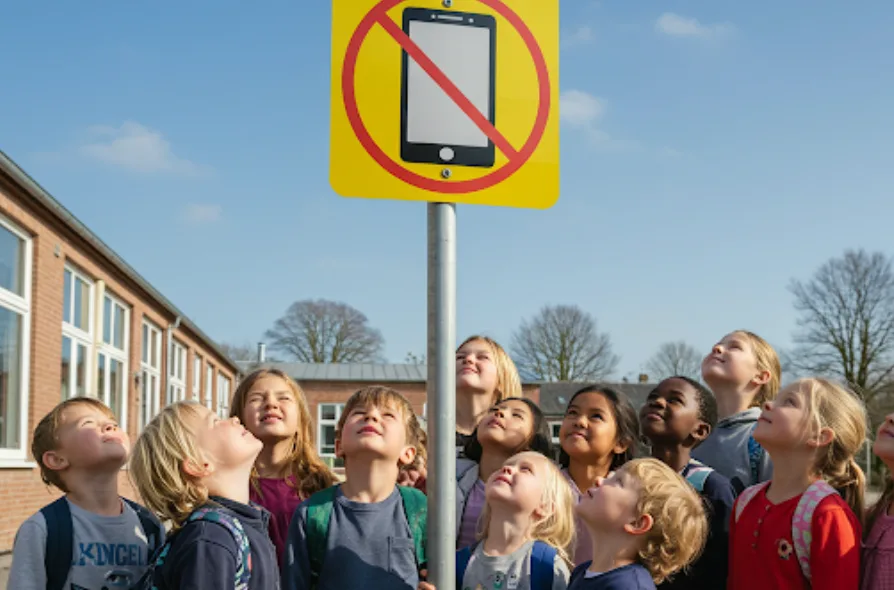 Skal skolerne være mobilfrie eller ej? (Kilde: MereMobil.dk / AI)