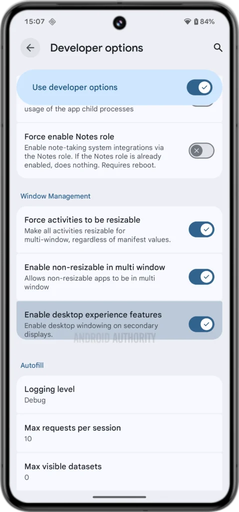 Den gemte "enable desktop experience features" i Android 16. Tidligere har der været: "Desktop View" tekst I beskrivelsen, som er ændret til "desktop windowing" i Beta 4 (Kilde: Android Authority)