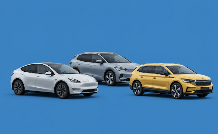 Tesla Model Y har tidligere været en favorit ved danskerne - nu vælger de oftere Skoda Enyaq og Volkswagen ID.4 (Grafik: MereMobil.dk / AI)