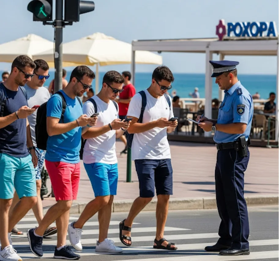 Politiet udsteder bøder til mobilzombier (Grafik: MereMobil.dk / AI)