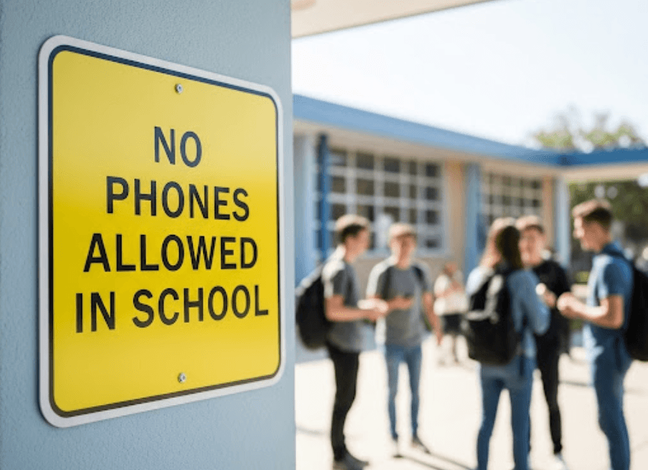 Forbuddet mod mobiltelefoner på skoler udskydes og bliver ikke klar til efter sommerferien (Grafik: MereMobil.dk / AI)