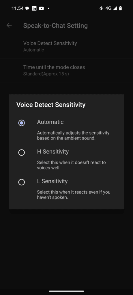 Valgmuligheder for "Voice Detect Sensitivity" i Sound Connect-appen.