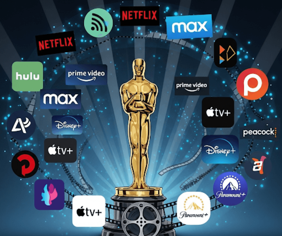 Oscar-uddelingen kan fra 2029 ende på en streamingtjeneste, da det er der seerne primært er. (Grafik: MereMobil.dk / AI)