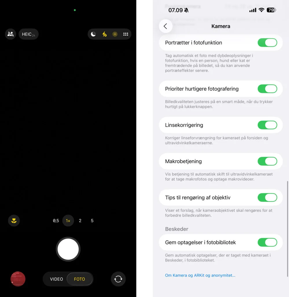 Kamera, iOS 26 (Grafik: MereMobil.dk)