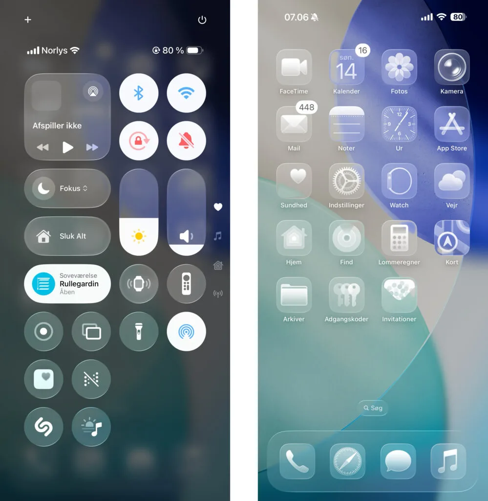 Liquid Glass, iOS 26 (Grafik: MereMobil.dk)