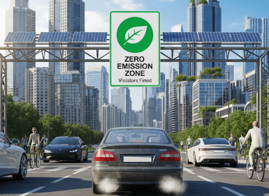 Fossile brændstofbiler nægtes adgang i nogle zoner (Grafik: MereMobil.dk / AI)