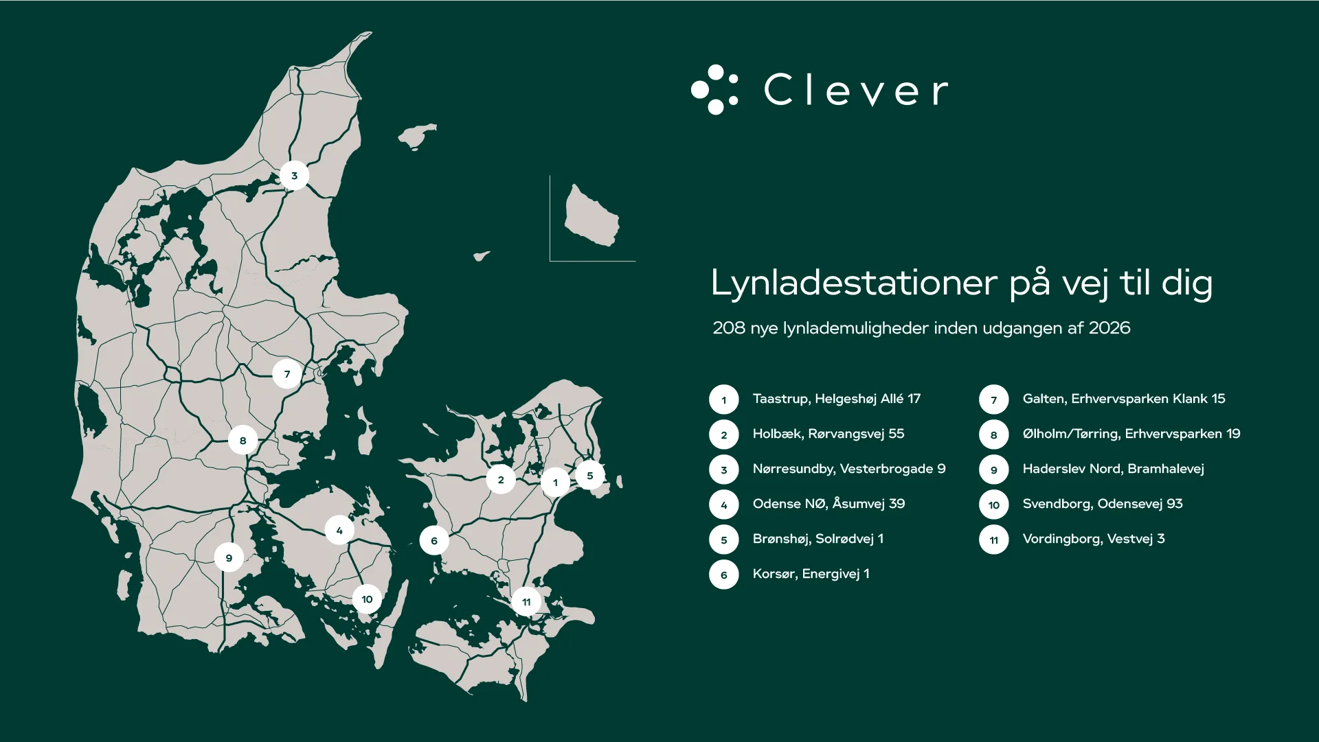 Clever åbner en række nye ladestationer - se hvorhenne på kortet (Kilde: Clever)