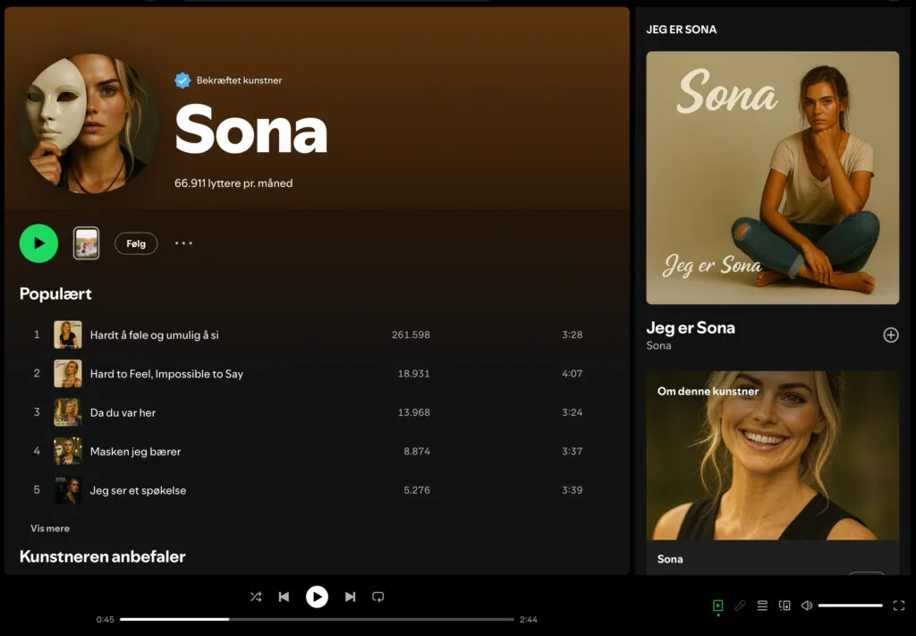 Sona, AI-kunstner, Spotify (Skærmbillede: MereMobil.dk)