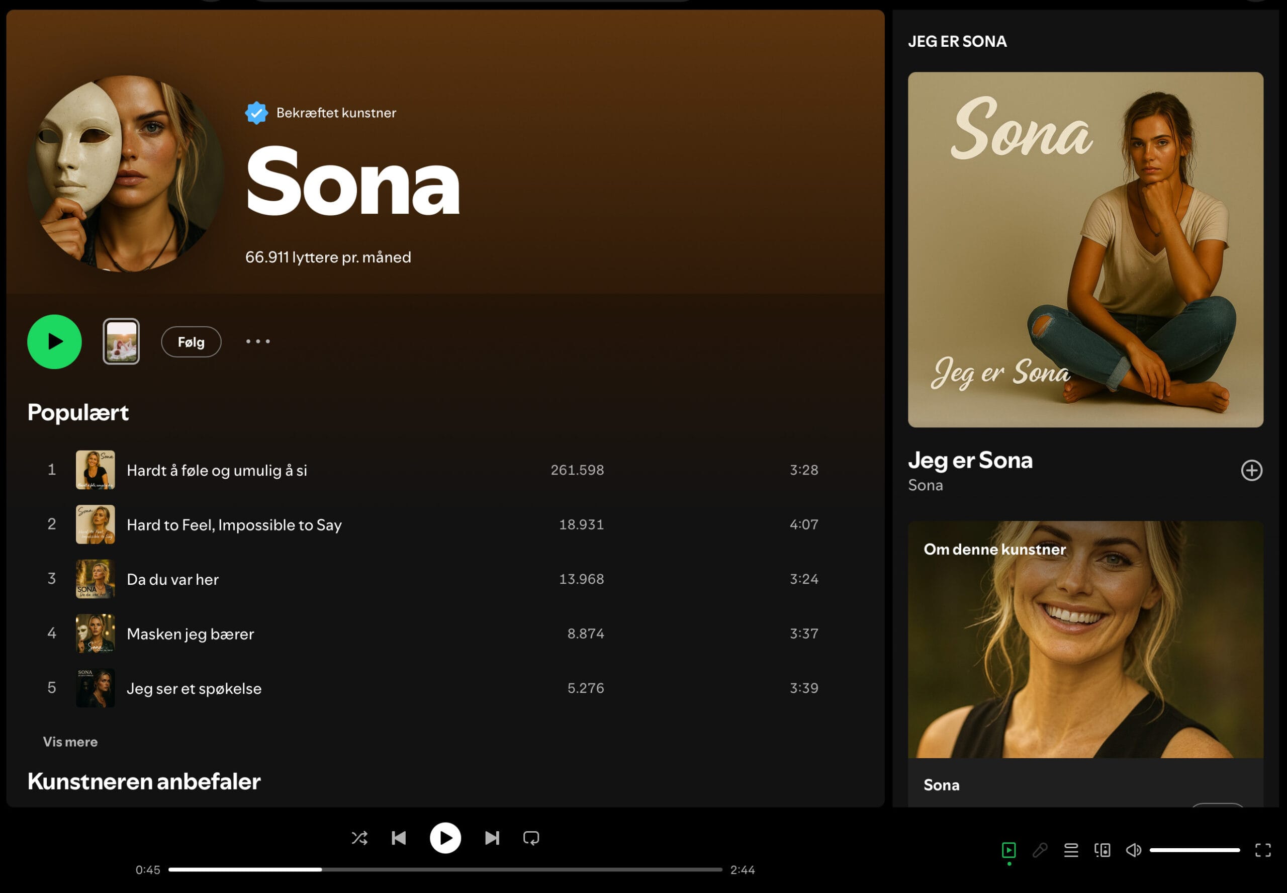 Sona, AI-kunstner, Spotify (Skærmbillede: MereMobil.dk)