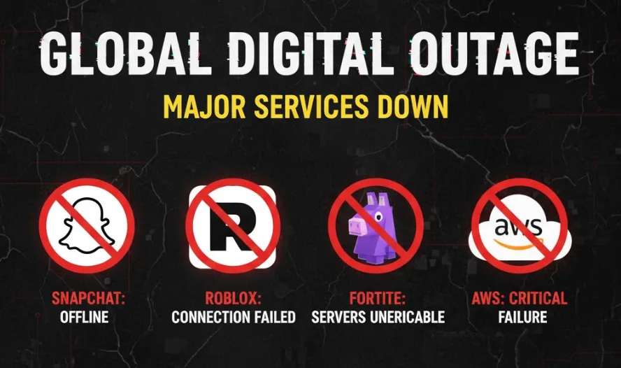 Roblox, Fortnite, Snapchat og Ticketmaster er nogle af dem, som er berørt af nedbruddeet hos Amazon Web Services (Grafik: MereMobil.dk / AI)