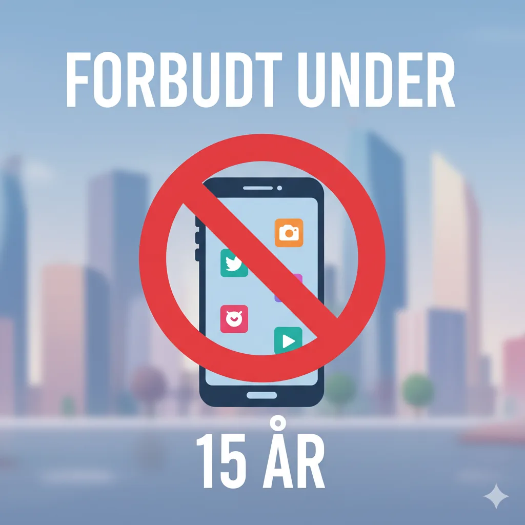 Regeringen ønsker forbud mod sociale medier for børn og unge under 15 år (Grafik: AI / MereMobil.dk)
