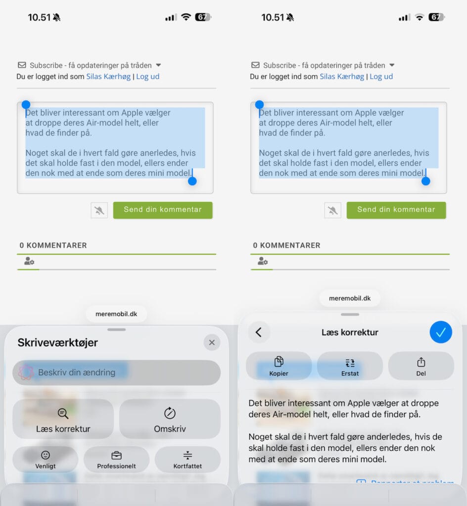 Apple Intelligence, Omskriv, Korrektur (Grafik: MereMobil.dk)