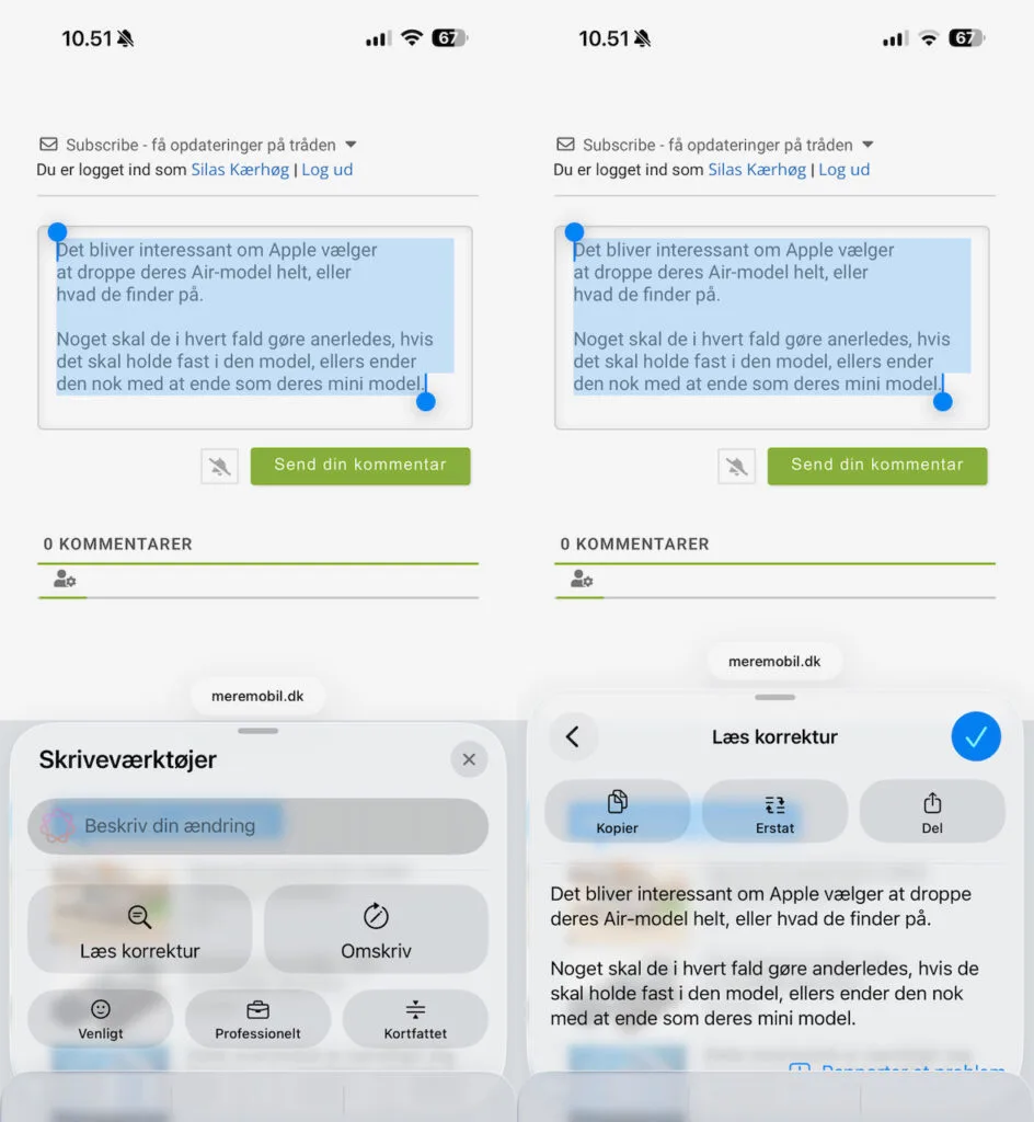 Apple Intelligence, Omskriv, Korrektur (Grafik: MereMobil.dk)
