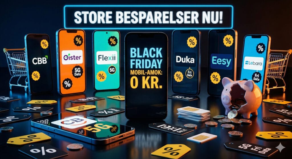 Grafik over Black Friday tilbud på mobilabonnementer med 0 kr og halv pris fra danske teleselskaber
