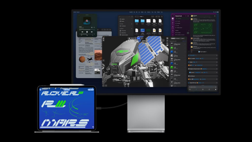 iPad Pro M5 tilsluttet en ekstern 4K-monitor via USB-C kabel, der demonstrerer den nye understøttelse af 120 Hz