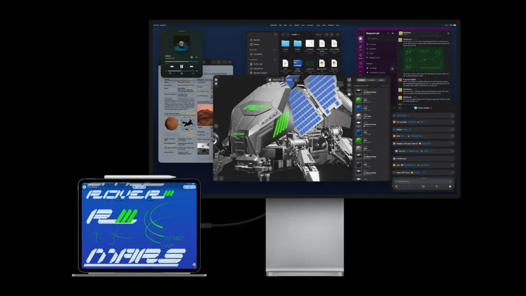 iPad Pro M5 tilsluttet en ekstern 4K-monitor via USB-C kabel, der demonstrerer den nye understøttelse af 120 Hz