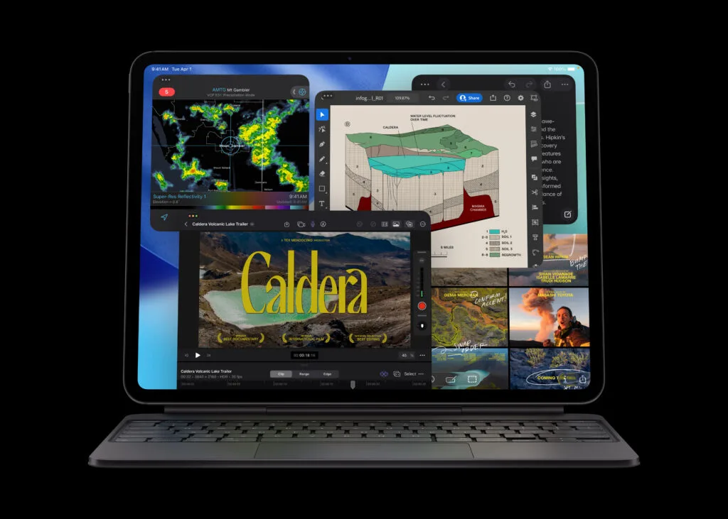 Nærbillede af den nye Apple iPad Pro M5 tablet tilsluttet Magic Keyboard Pro. Viser den nye M5-chip ydelse og det slanke design.