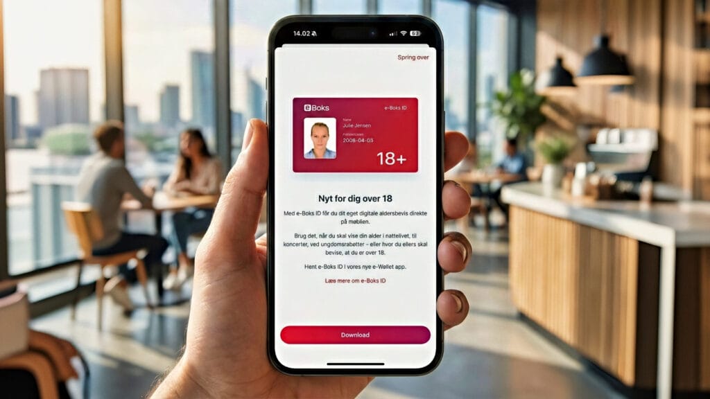 e-Boks e-Wallet app vises på smartphone som alternativ til fysisk pas og kørekort for aldersverificering.