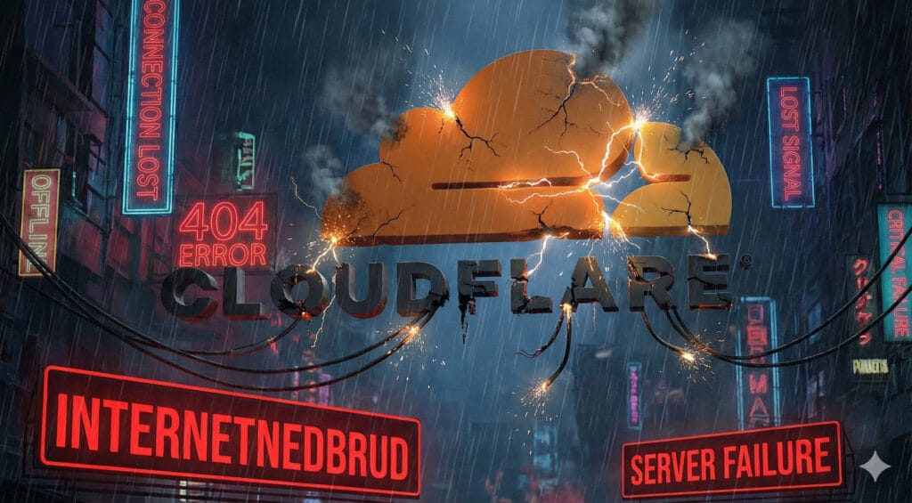 Illustration af internet nedbrud og Cloudflare serverproblemer. Cloudflare-fejl forårsager fredag formiddag et omfattende internet nedbrud hos tjenester som LinkedIn og Shopify.