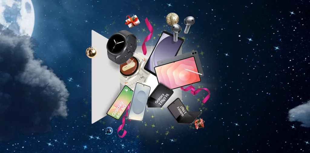 Oister julekalender 2025 grafik med Samsung produkter og julepynt