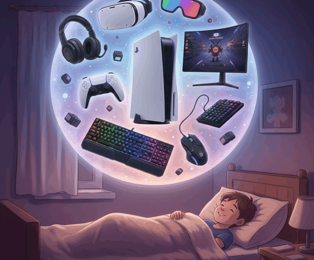 Drømmer du om masser af technologi under juletræet? (Grafik: MereMobil.dk /AI)