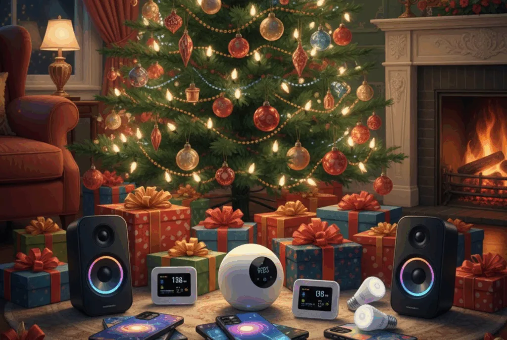 Indpakkede julegaver og gadgets der illustrerer tech julegaver 2025.