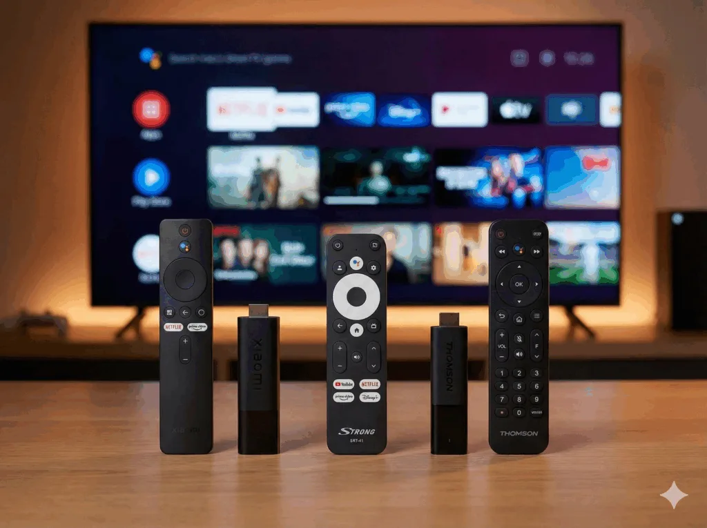 "Tre billige Chromecast-alternativer, Xiaomi TV Stick 4K, Strong SRT-41 fjernbetjening og Thomson Streaming Stick 140G, opstillet på række med deres fjernbetjeninger foran et Smart TV, der viser en Google TV startskærm med streaming-apps.