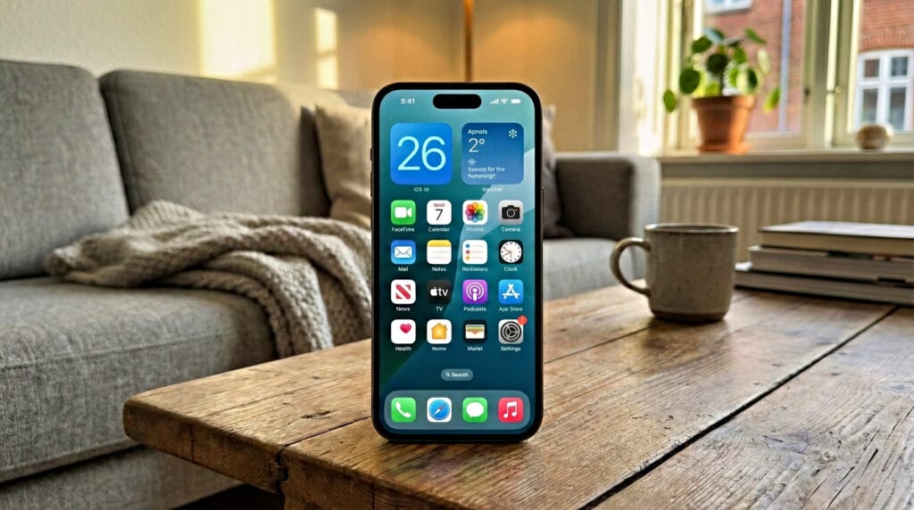 Grafik af en iPhone-skærm der viser, at softwareopdateringen iOS 26.2 er klar til installation.