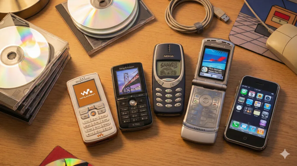 Samling af 5 ikoniske retro-mobiler fra 00'erne liggende på et træbord ved siden af CD-plader. Fra venstre ses den første iPhone, Motorola Razr V3 klaptelefon, Nokia 3310, Sony Ericsson K750i og Sony Ericsson W800 Walkman-mobil.