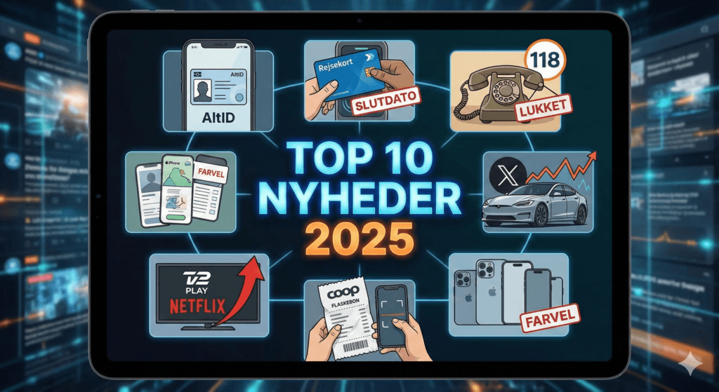 Top 10 mest læste tech-nyheder 2025 på MereMobil.dk med fokus på pas-app, Elon Musk og Rejsekort