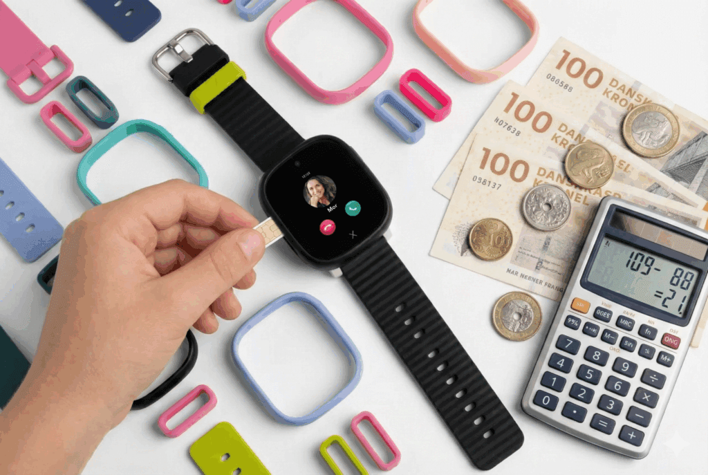 Xplora børneur liggende sammen med lommeregner, danske penge og SIM-kort der illustrerer prisen for servicegebyr kontra abonnement