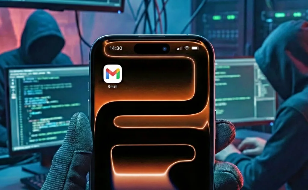 Illustration af Gmail-logo på en smartphone svindel phising