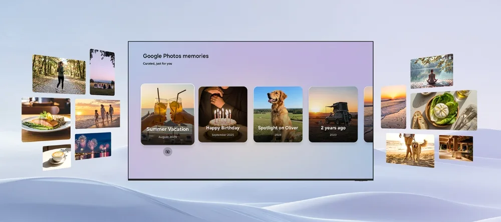 Google Fotos app-interface vist på en Samsung 2026 AI TV-skærm