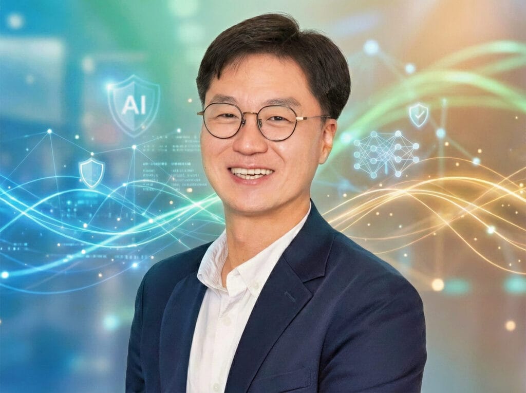 Portræt af Jason Kim, præsident for Samsung i Norden, foran en AI-inspireret baggrund