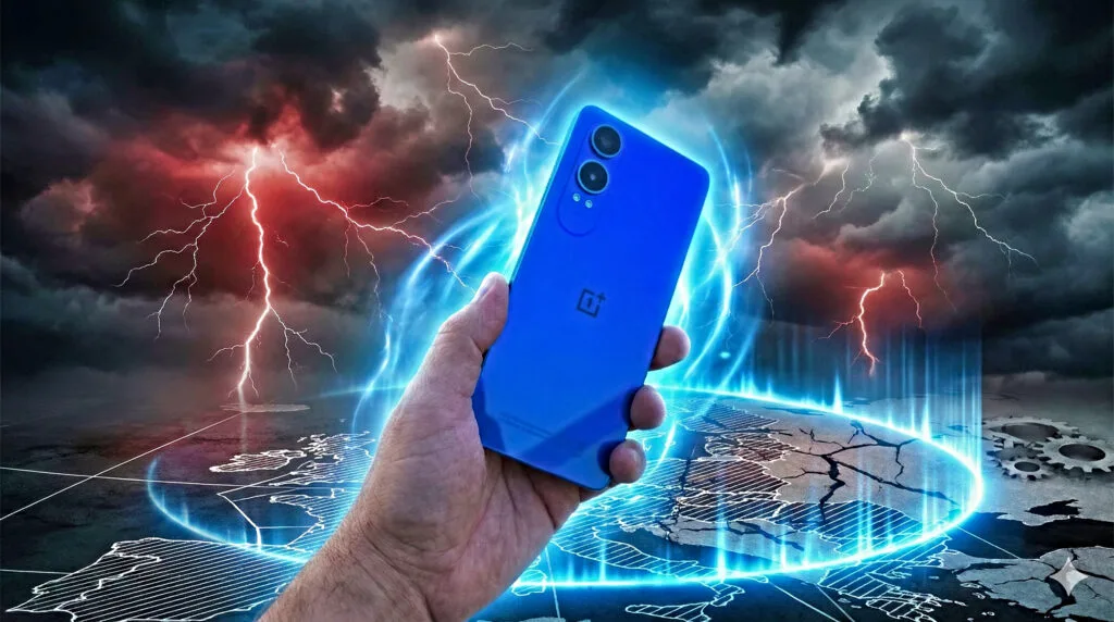 En smartphone i et kraftigt stormvejr som symbol på OnePlus' nuværende krise og usikre fremtid.