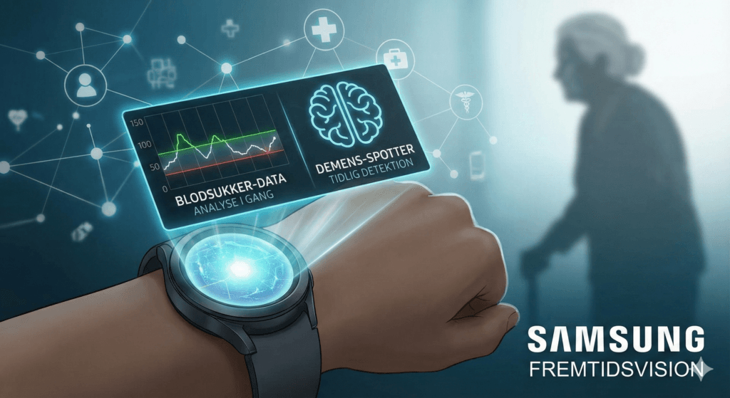 En grafisk fremstilling af Samsungs vision for fremtidig sundhedsovervågning, hvor smarturet spiller en central rolle i analysen af blodsukker og tidlig detektion af demens.