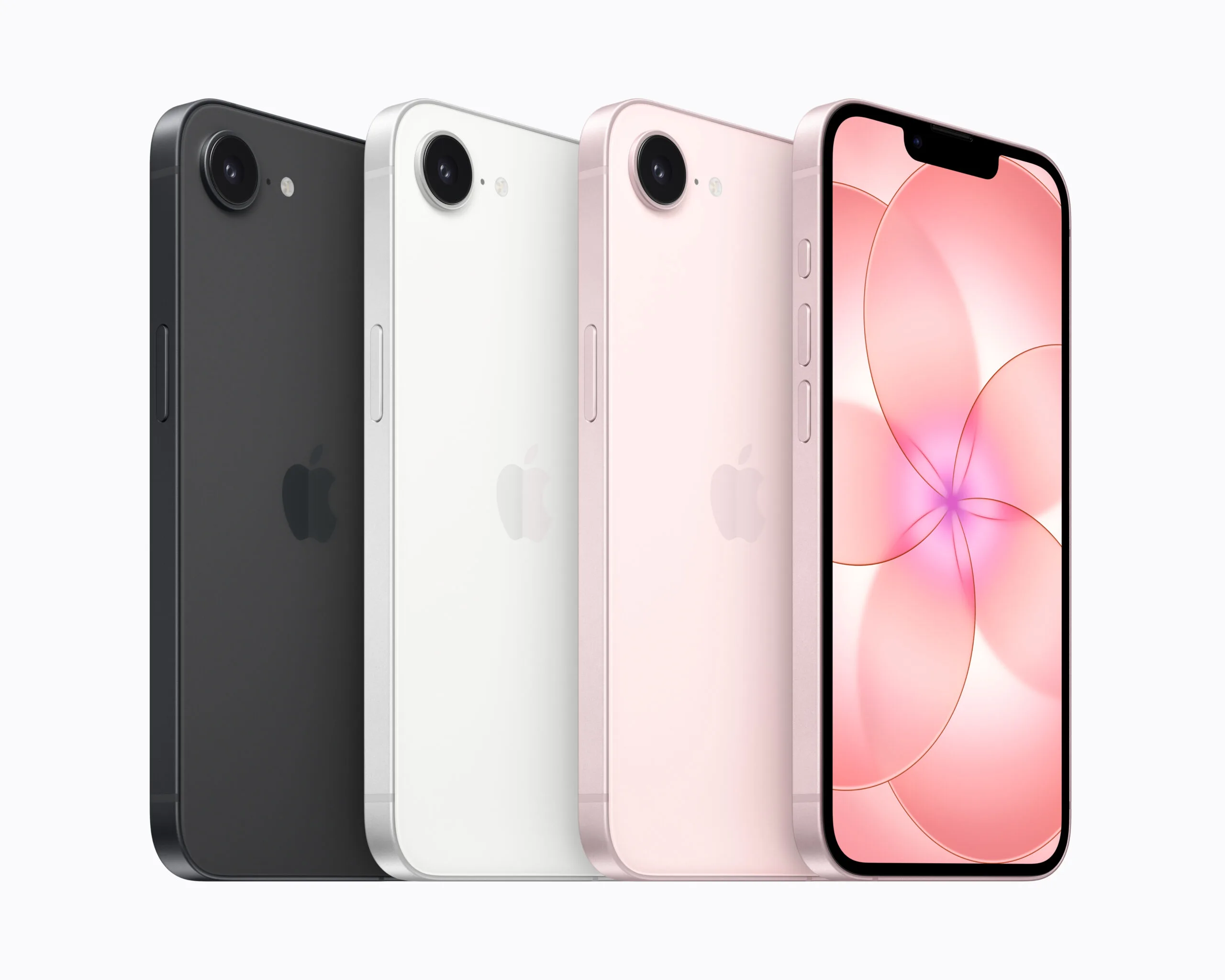 Apple iPhone 17e lineup i forskellige farver set forfra og bagfra.