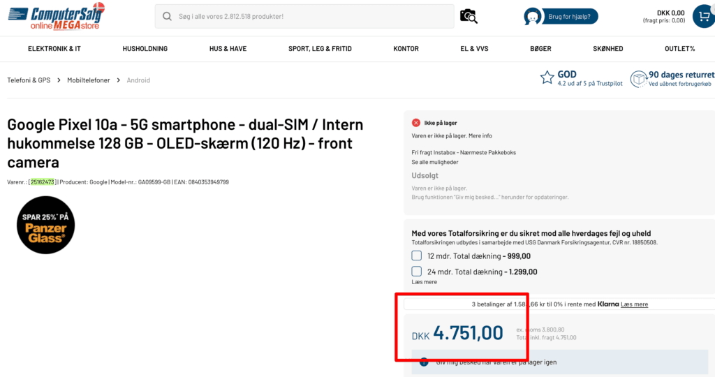 Google Pixel 10a - dansk pris