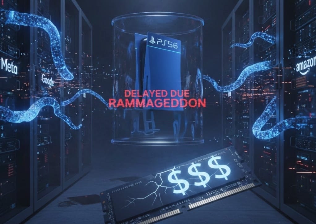 PlayStation 6 kan blive forsinket grundet manglen på hukommelseschips (Grafik: MereMobil.dk / AI)