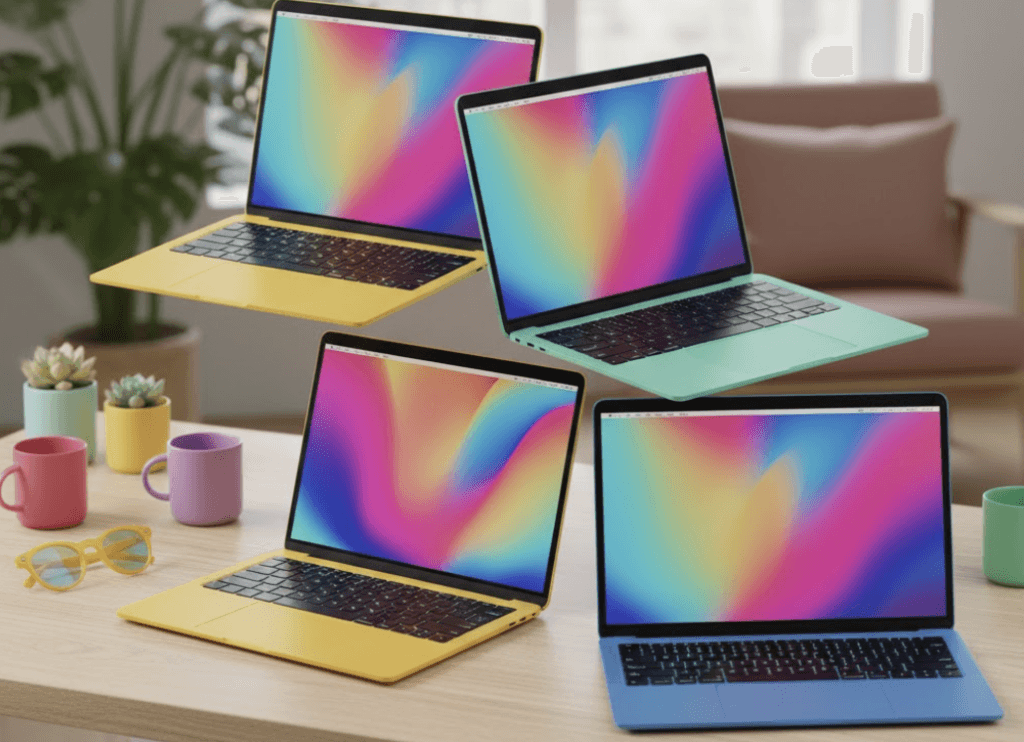 Apple rygtes at være på vej med nye farverige MacBook-modeller (Grafik: MereMobil.dk / AI)