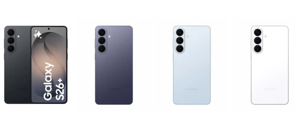 Samsung Galaxy S26 og Galaxy S26+ i farverne sort lilla blå og hvid lækket af Evan Blass