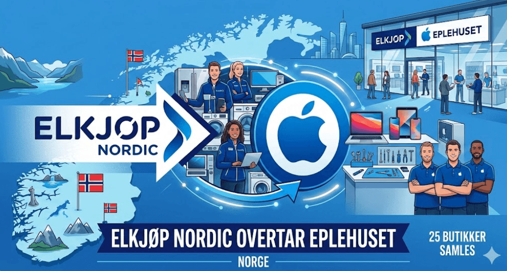 Elkjøp overtager Eplehuset i Norge (Grafik: MereMobil.dk / AI)