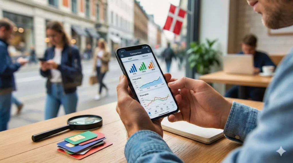 Grafik der illustrerer valg af det bedste mobilabonnement med fokus på data, dækning og pris.