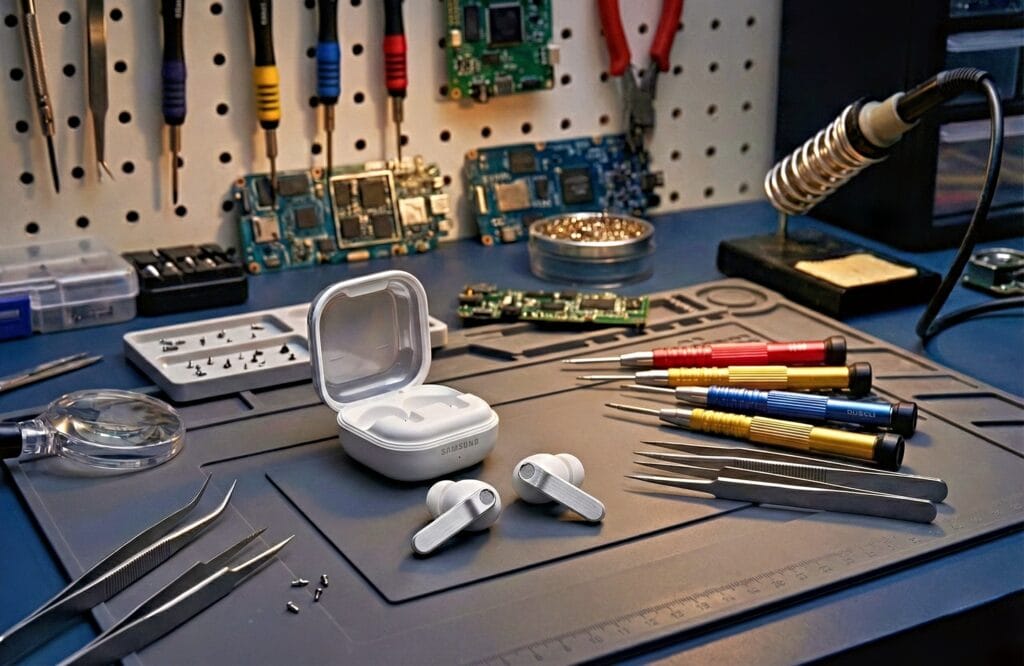 Grafisk illustration af værktøj og komponenter til reparation af in-ear headset. Visualisering af reparation AI