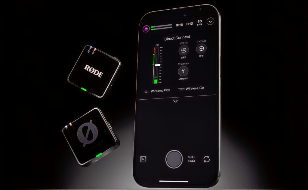 RØDE Wireless GO og Wireless PRO mikrofoner ved siden af en iPhone med RØDE Capture appen åben.