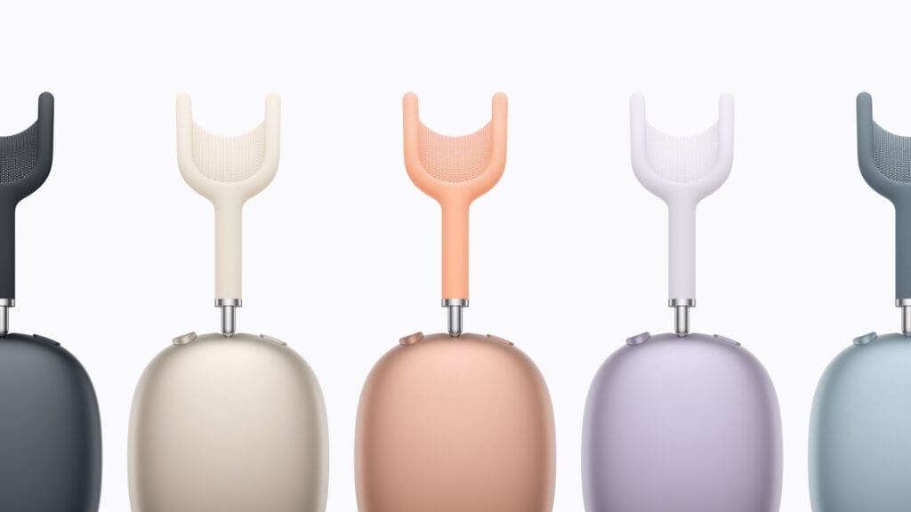 Apple AirPods Max 2 hovedtelefoner i de nye farver blå, lilla, midnat, stjerneskær og orange.