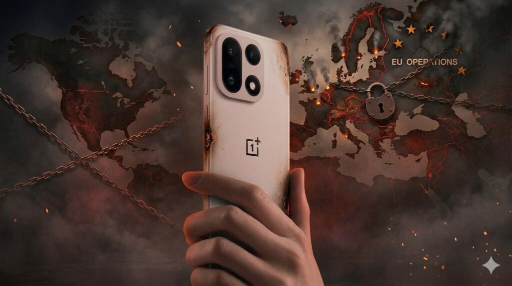 OnePlus logo på en smartphone skærm der symboliserer virksomhedens exit fra det europæiske marked.