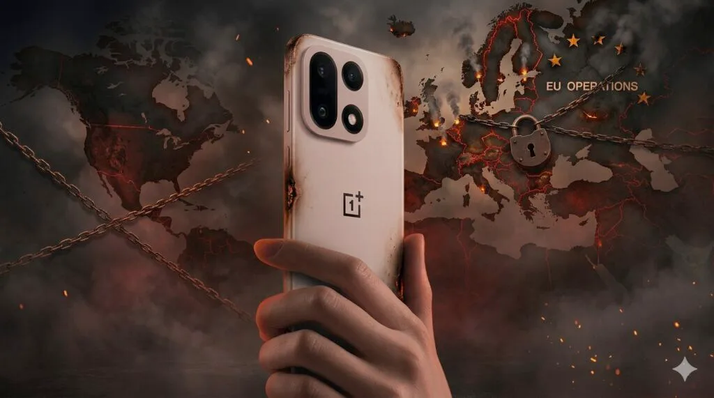 OnePlus logo på en smartphone skærm der symboliserer virksomhedens exit fra det europæiske marked.